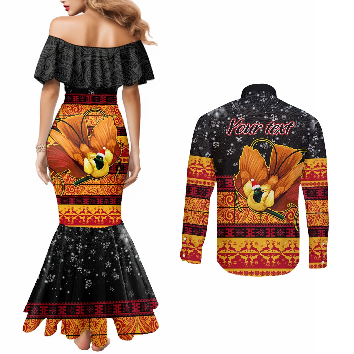 Personalised PNG Hamamas Krismas Couples Matching Mermaid Dress and Long Sleeve Button Shirt Papua New Guinea Bird Of Paradise Merry Christmas Black Style LT9 - Polynesian Pride