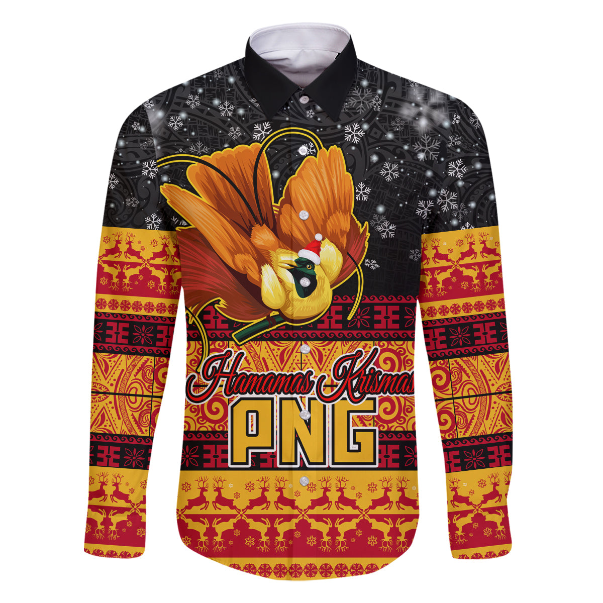 Personalised PNG Hamamas Krismas Family Matching Off Shoulder Maxi Dress and Hawaiian Shirt Papua New Guinea Bird Of Paradise Merry Christmas Black Style LT9 Dad's Shirt - Long Sleeve Black - Polynesian Pride