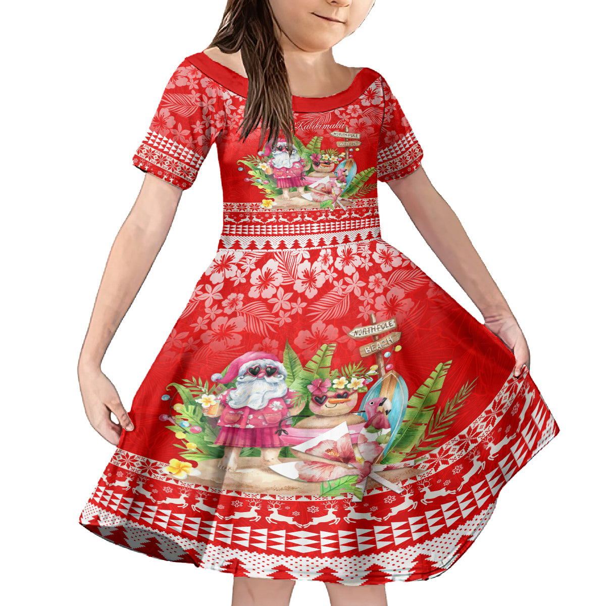 Personalised Hawaii Mele Kalikimaka Family Matching Off Shoulder Long Sleeve Dress and Hawaiian Shirt Santa Beach Merry Christmas LT9 Daughter's Dress Red - Polynesian Pride