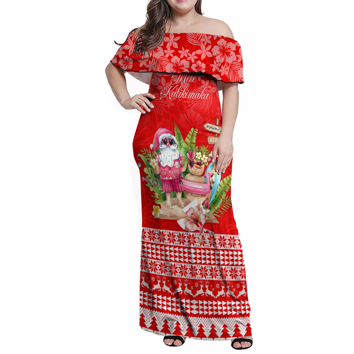Personalised Hawaii Mele Kalikimaka Family Matching Off Shoulder Maxi Dress and Hawaiian Shirt Santa Beach Merry Christmas LT9 Mom's Dress Red - Polynesian Pride