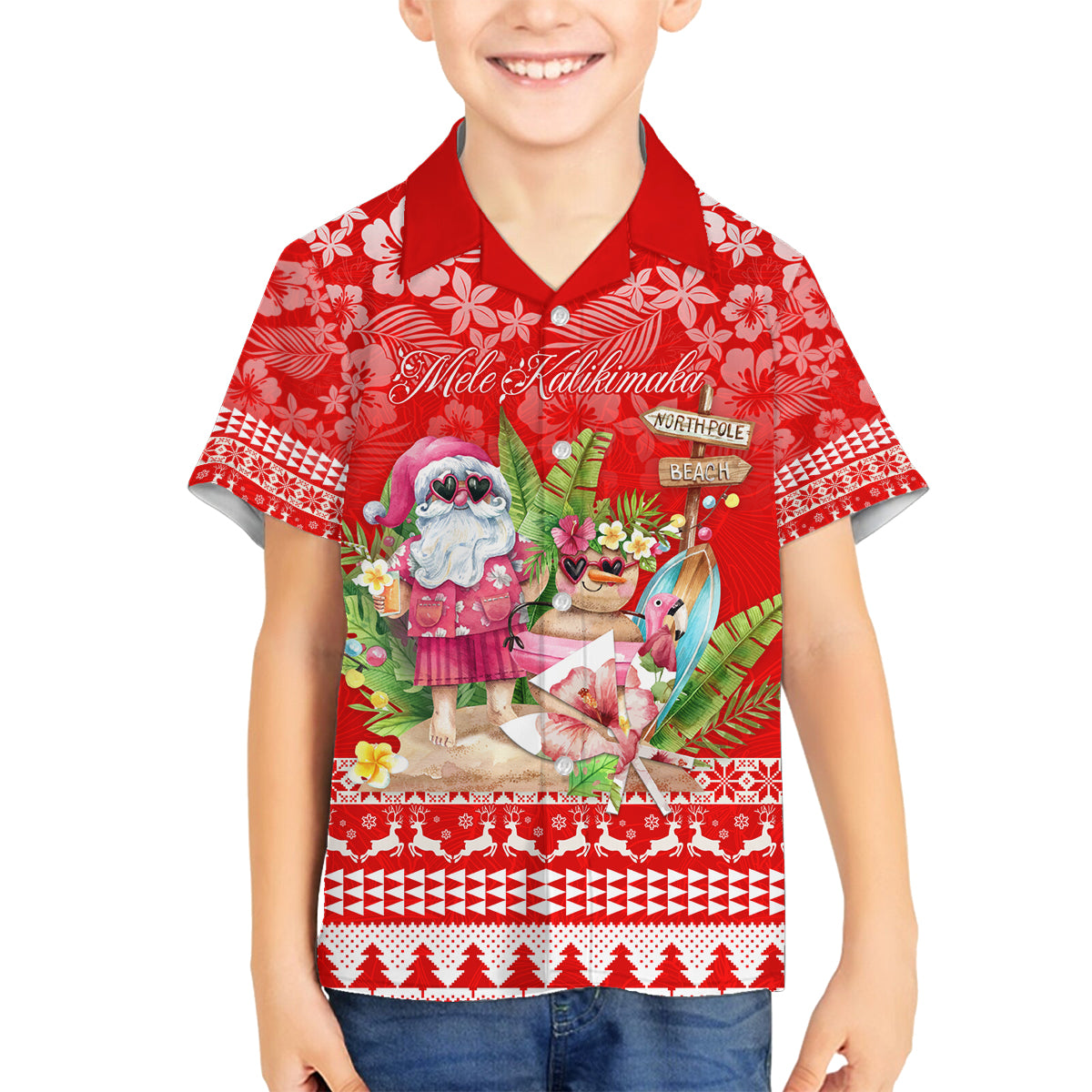 Personalised Hawaii Mele Kalikimaka Family Matching Off Shoulder Maxi Dress and Hawaiian Shirt Santa Beach Merry Christmas LT9 Son's Shirt Red - Polynesian Pride