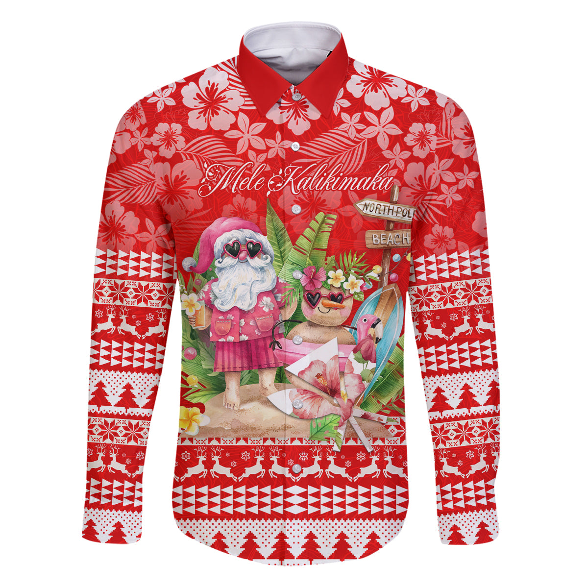 Personalised Hawaii Mele Kalikimaka Family Matching Puletasi Dress and Hawaiian Shirt Santa Beach Merry Christmas LT9 Dad's Shirt - Long Sleeve Red - Polynesian Pride