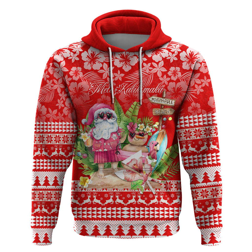 Personalised Hawaii Mele Kalikimaka Hoodie Santa Beach Merry Christmas LT9 Red - Polynesian Pride