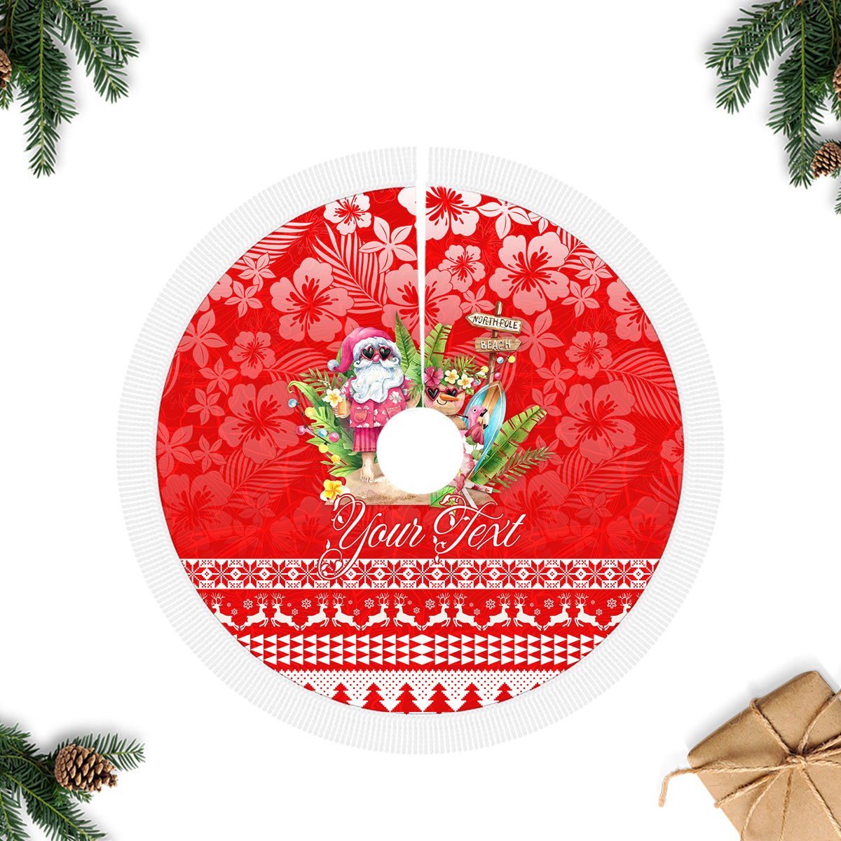 Personalised Hawaii Mele Kalikimaka Tree Skirt Santa Beach Merry Christmas LT9 Fringed Tree Skirts Red - Polynesian Pride