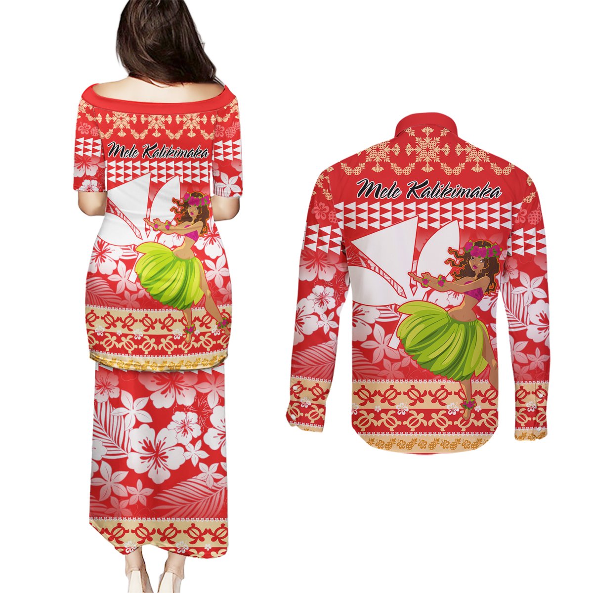 Hawaii Mele Kalikimaka Couples Matching Puletasi Dress and Long Sleeve Button Shirt Santa Claus and Hula Dancing Merry Christmas LT9 - Polynesian Pride
