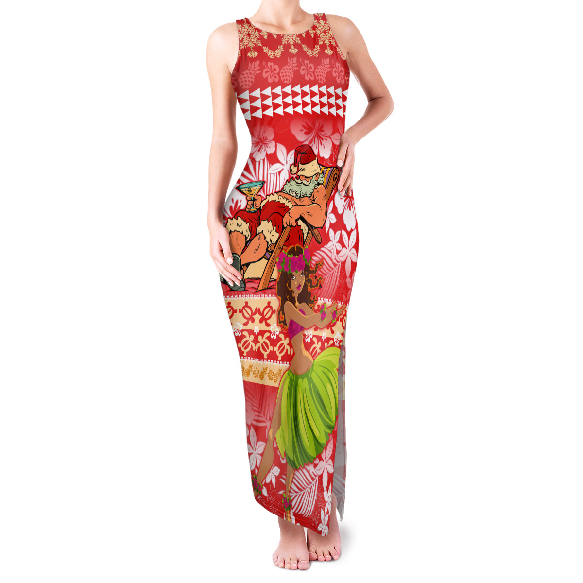 Hawaii Mele Kalikimaka Family Matching Tank Maxi Dress and Hawaiian Shirt Santa Claus and Hula Dancing Merry Christmas LT9 Mom's Dress Red - Polynesian Pride