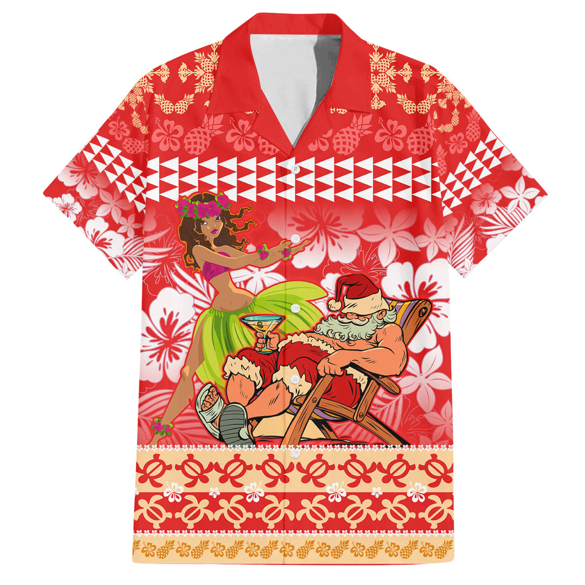 Personalised Hawaii Mele Kalikimaka Family Matching Summer Maxi Dress and Hawaiian Shirt Santa Claus and Hula Dancing Merry Christmas LT9 Dad's Shirt - Short Sleeve Red - Polynesian Pride
