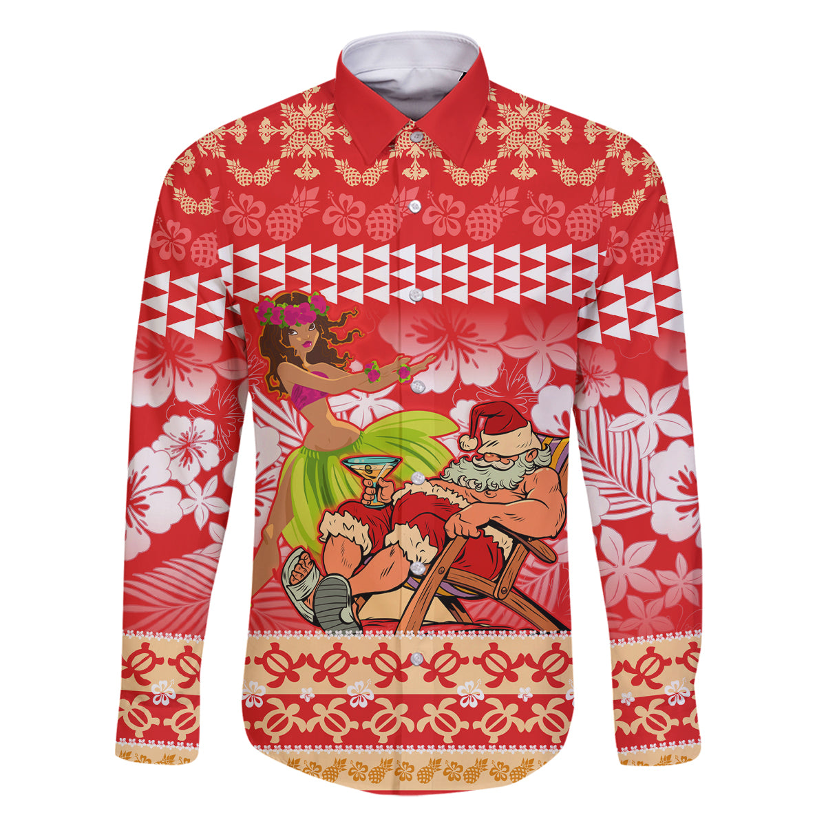 Personalised Hawaii Mele Kalikimaka Family Matching Tank Maxi Dress and Hawaiian Shirt Santa Claus and Hula Dancing Merry Christmas LT9 Dad's Shirt - Long Sleeve Red - Polynesian Pride