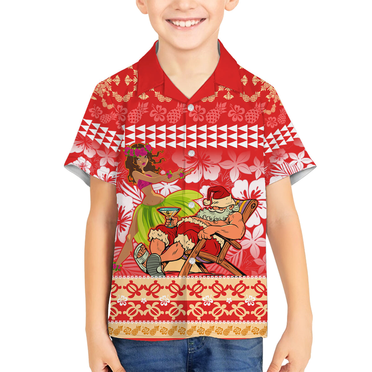Personalised Hawaii Mele Kalikimaka Family Matching Tank Maxi Dress and Hawaiian Shirt Santa Claus and Hula Dancing Merry Christmas LT9 Son's Shirt Red - Polynesian Pride