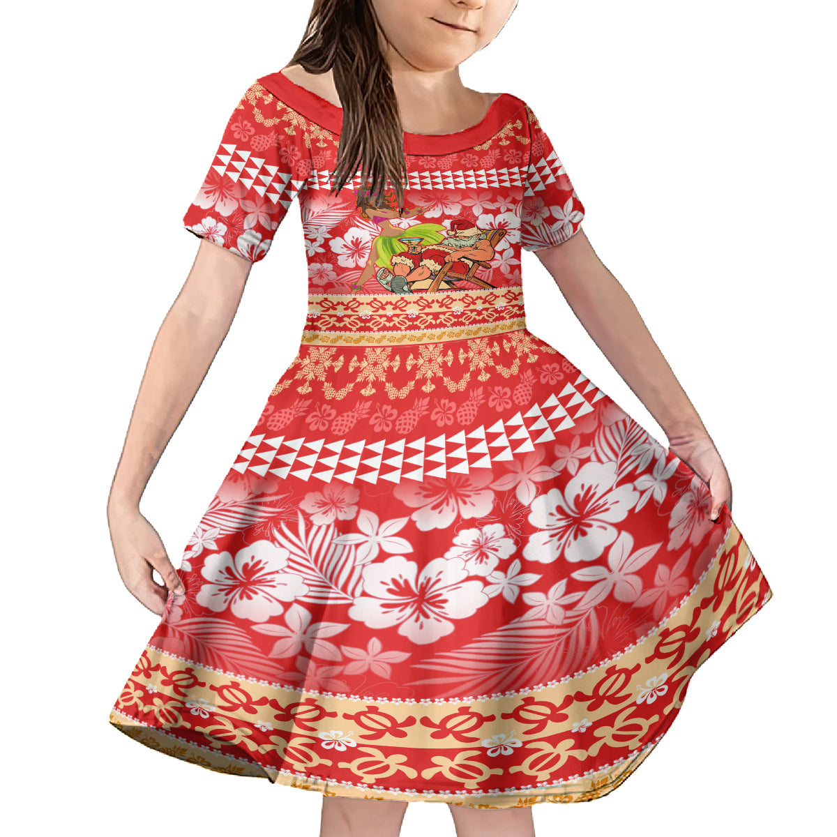 Personalised Hawaii Mele Kalikimaka Kid Short Sleeve Dress Santa Claus and Hula Dancing Merry Christmas LT9 KID Red - Polynesian Pride