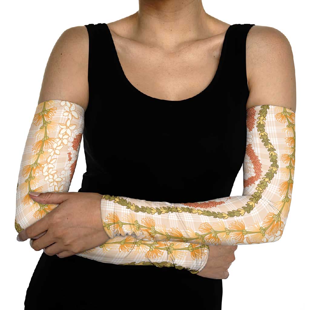 Hawaiian Ohia Lehua Lei Arm Sleeves Plaid Palaka Ahiehie Pattern - Polynesian Pride