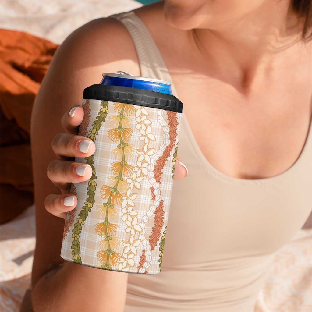 Hawaiian Ohia Lehua Lei 4 in 1 Can Cooler Tumbler Plaid Palaka Ahiehie Pattern - Polynesian Pride