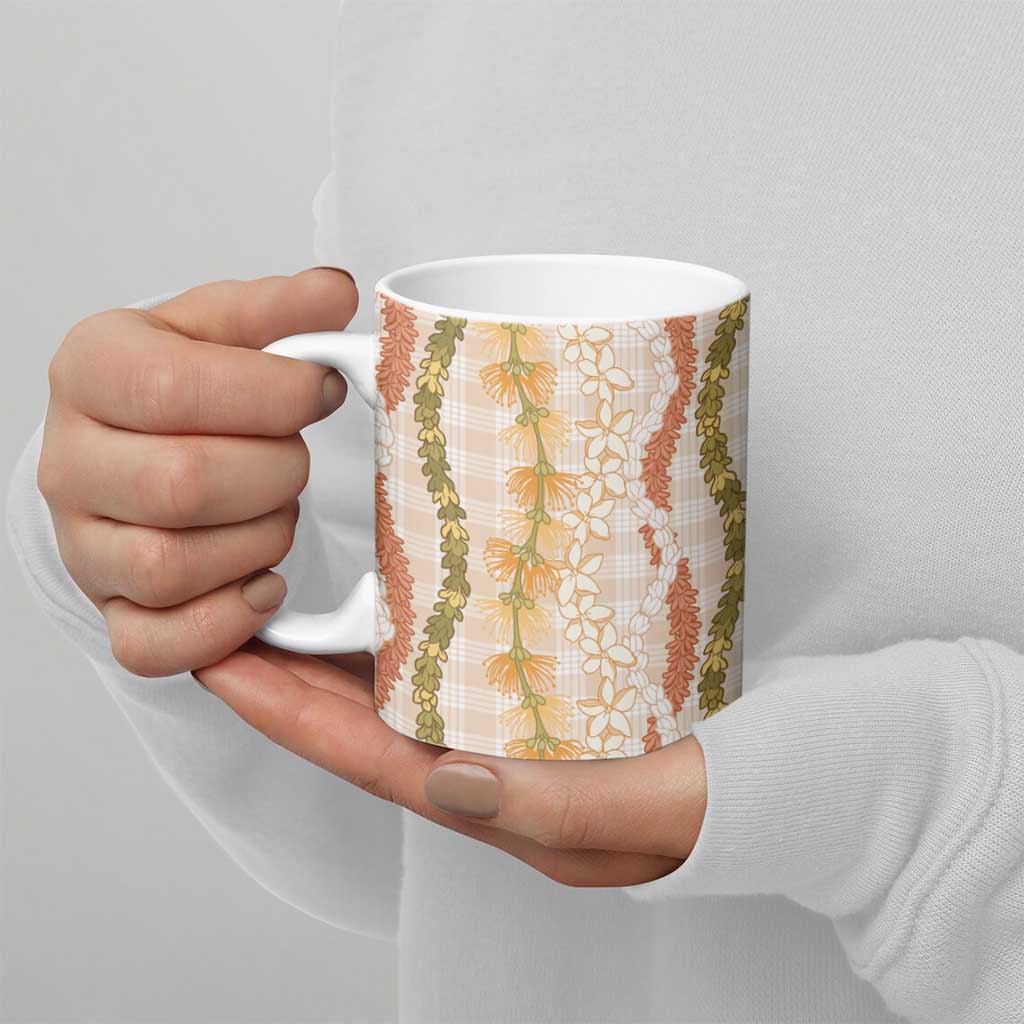 Hawaiian Ohia Lehua Lei Ceramic Mug Plaid Palaka Ahiehie Pattern - Polynesian Pride