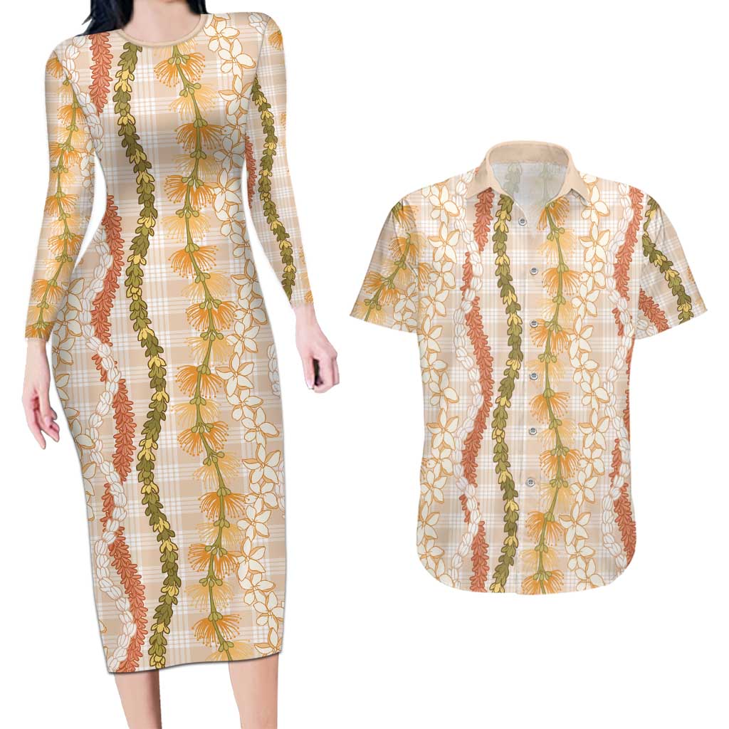 Hawaiian Ohia Lehua Lei Couples Matching Long Sleeve Bodycon Dress and Hawaiian Shirt Plaid Palaka Ahiehie Pattern - Polynesian Pride
