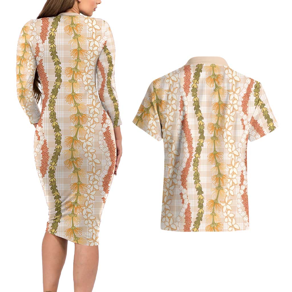 Hawaiian Ohia Lehua Lei Couples Matching Long Sleeve Bodycon Dress and Hawaiian Shirt Plaid Palaka Ahiehie Pattern LT9 - Polynesian Pride