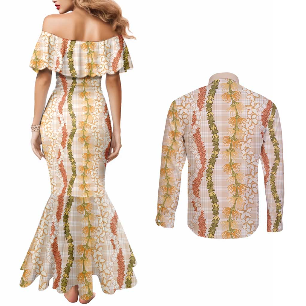 Hawaiian Ohia Lehua Lei Couples Matching Mermaid Dress and Long Sleeve Button Shirt Plaid Palaka Ahiehie Pattern - Polynesian Pride