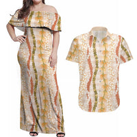 Hawaiian Ohia Lehua Lei Couples Matching Off Shoulder Maxi Dress and Hawaiian Shirt Plaid Palaka Ahiehie Pattern - Polynesian Pride