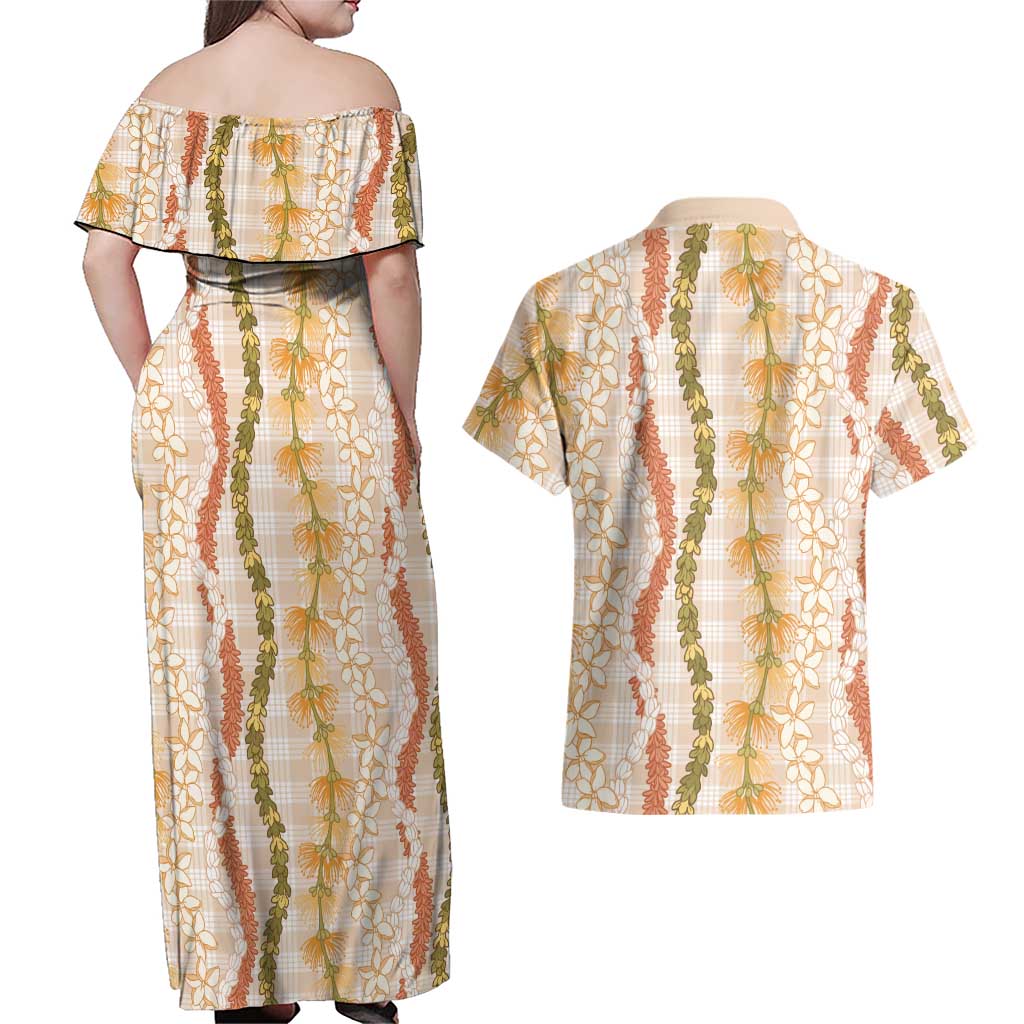 Hawaiian Ohia Lehua Lei Couples Matching Off Shoulder Maxi Dress and Hawaiian Shirt Plaid Palaka Ahiehie Pattern - Polynesian Pride