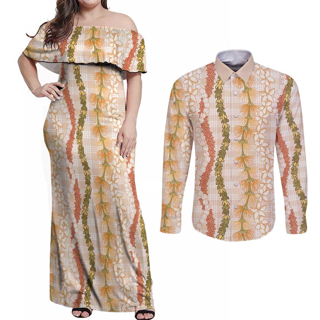 Hawaiian Ohia Lehua Lei Couples Matching Off Shoulder Maxi Dress and Long Sleeve Button Shirt Plaid Palaka Ahiehie Pattern - Polynesian Pride