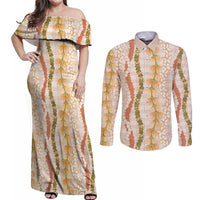 Hawaiian Ohia Lehua Lei Couples Matching Off Shoulder Maxi Dress and Long Sleeve Button Shirt Plaid Palaka Ahiehie Pattern - Polynesian Pride