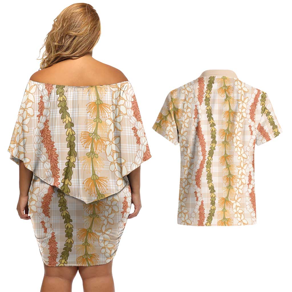 Hawaiian Ohia Lehua Lei Couples Matching Off Shoulder Short Dress and Hawaiian Shirt Plaid Palaka Ahiehie Pattern - Polynesian Pride