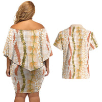 Hawaiian Ohia Lehua Lei Couples Matching Off Shoulder Short Dress and Hawaiian Shirt Plaid Palaka Ahiehie Pattern - Polynesian Pride