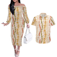 Hawaiian Ohia Lehua Lei Couples Matching Off The Shoulder Long Sleeve Dress and Hawaiian Shirt Plaid Palaka Ahiehie Pattern LT9 Beige - Polynesian Pride
