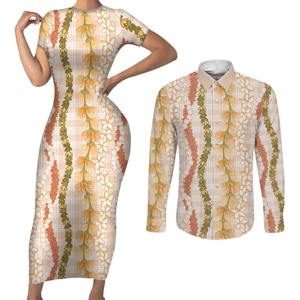 Hawaiian Ohia Lehua Lei Couples Matching Short Sleeve Bodycon Dress and Long Sleeve Button Shirt Plaid Palaka Ahiehie Pattern - Polynesian Pride