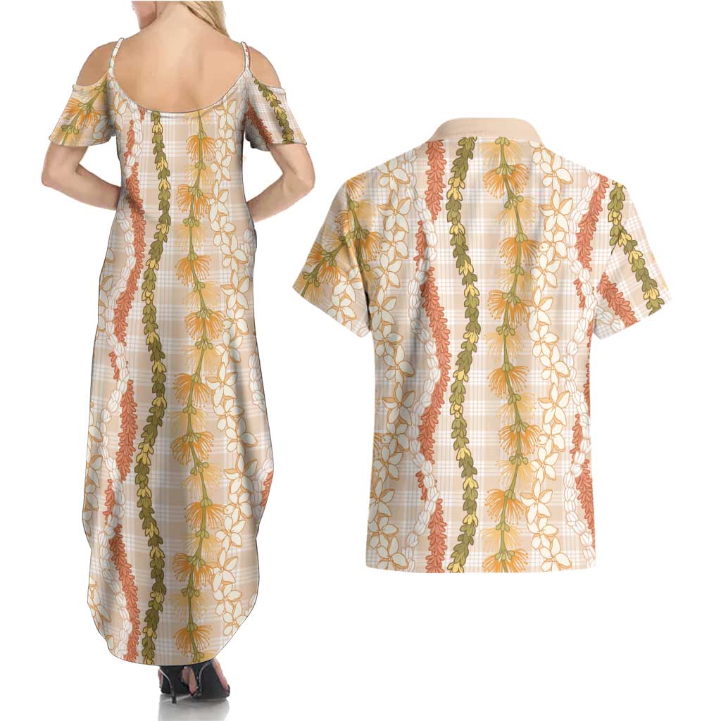 Hawaiian Ohia Lehua Lei Couples Matching Summer Maxi Dress and Hawaiian Shirt Plaid Palaka Ahiehie Pattern - Polynesian Pride
