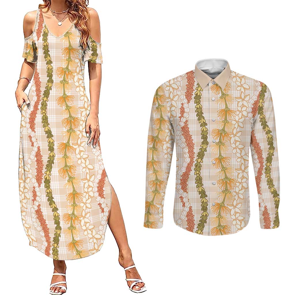 Hawaiian Ohia Lehua Lei Couples Matching Summer Maxi Dress and Long Sleeve Button Shirt Plaid Palaka Ahiehie Pattern - Polynesian Pride