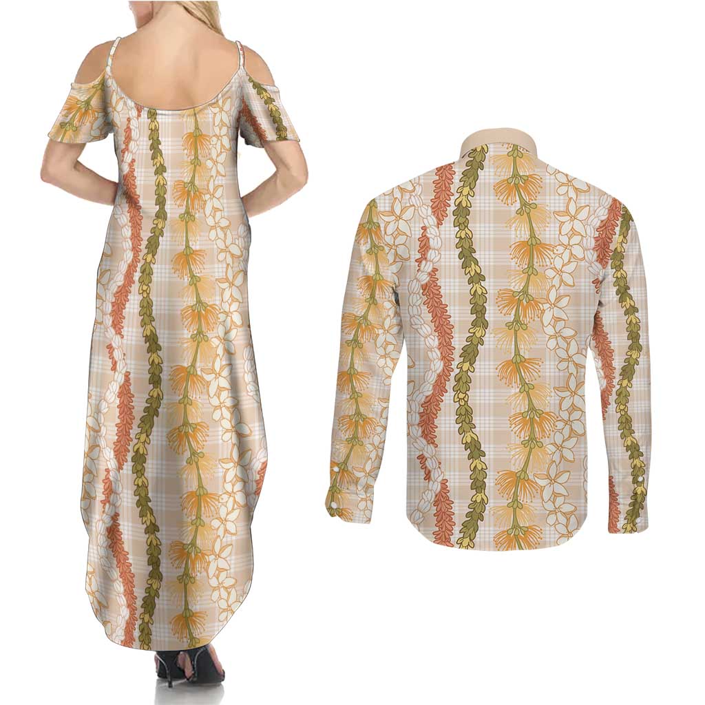 Hawaiian Ohia Lehua Lei Couples Matching Summer Maxi Dress and Long Sleeve Button Shirt Plaid Palaka Ahiehie Pattern - Polynesian Pride