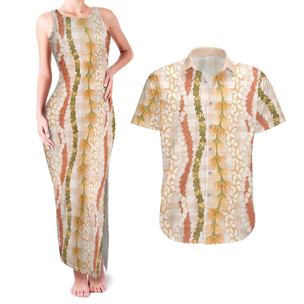 Hawaiian Ohia Lehua Lei Couples Matching Tank Maxi Dress and Hawaiian Shirt Plaid Palaka Ahiehie Pattern - Polynesian Pride