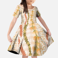 Hawaiian Ohia Lehua Lei Family Matching Long Sleeve Bodycon Dress and Hawaiian Shirt Plaid Palaka Ahiehie Pattern LT9 Daughter's Dress Beige - Polynesian Pride