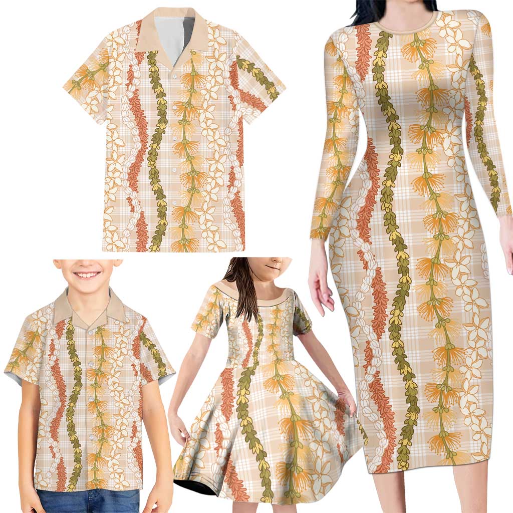 Hawaiian Ohia Lehua Lei Family Matching Long Sleeve Bodycon Dress and Hawaiian Shirt Plaid Palaka Ahiehie Pattern - Polynesian Pride