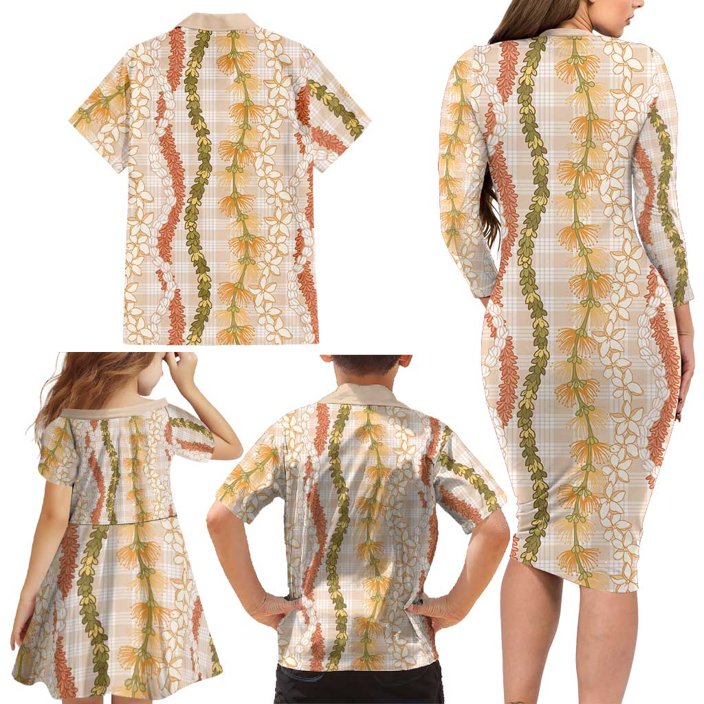 Hawaiian Ohia Lehua Lei Family Matching Long Sleeve Bodycon Dress and Hawaiian Shirt Plaid Palaka Ahiehie Pattern LT9 - Polynesian Pride