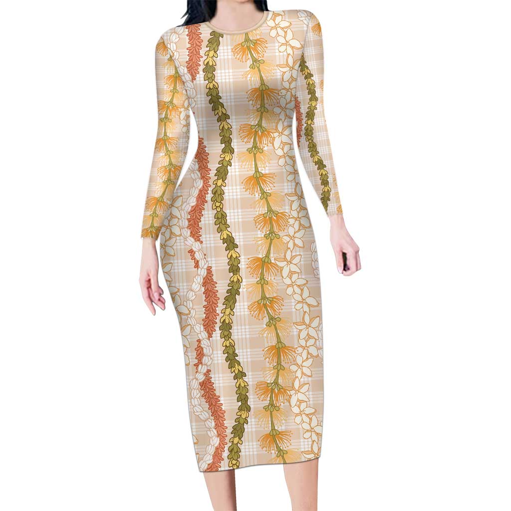 Hawaiian Ohia Lehua Lei Family Matching Long Sleeve Bodycon Dress and Hawaiian Shirt Plaid Palaka Ahiehie Pattern LT9 Beige - Polynesian Pride