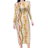 Hawaiian Ohia Lehua Lei Family Matching Long Sleeve Bodycon Dress and Hawaiian Shirt Plaid Palaka Ahiehie Pattern LT9 Beige - Polynesian Pride