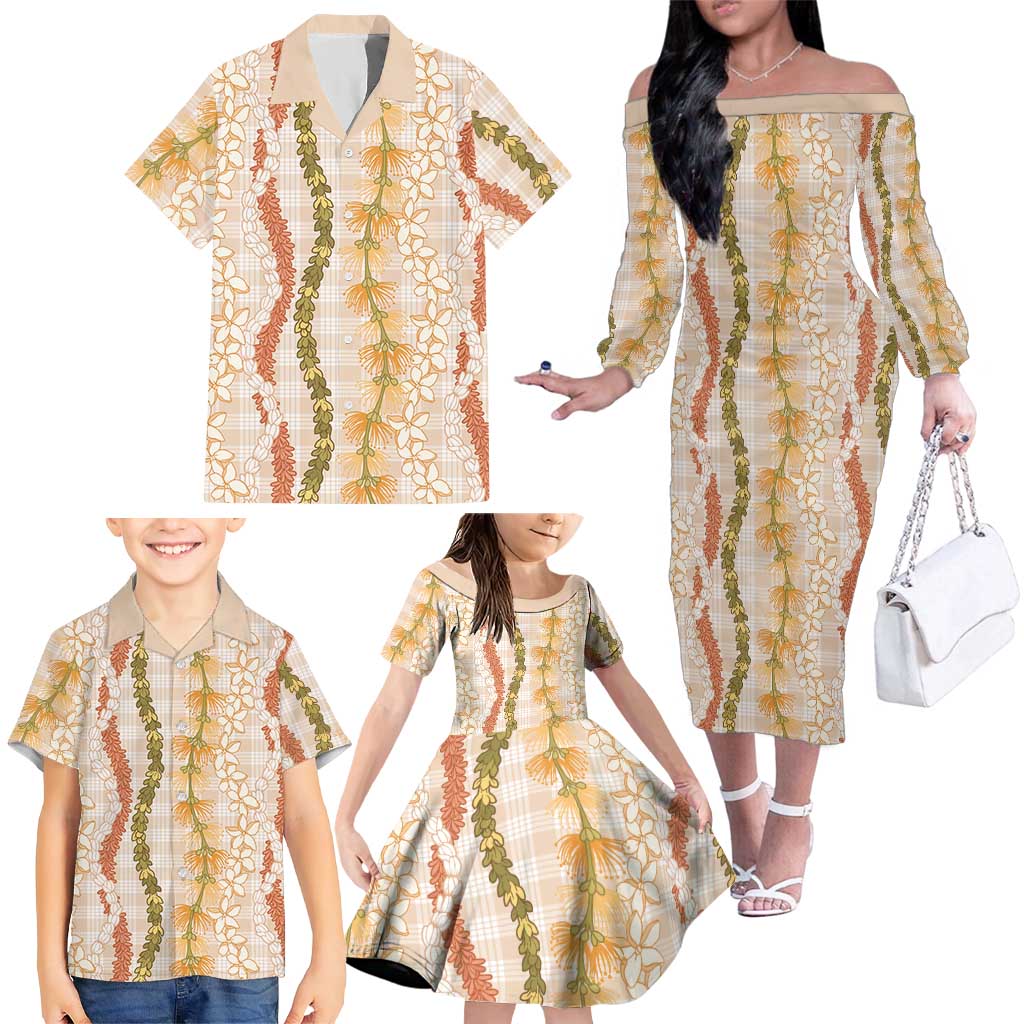 Hawaiian Ohia Lehua Lei Family Matching Off The Shoulder Long Sleeve Dress and Hawaiian Shirt Plaid Palaka Ahiehie Pattern LT9 - Polynesian Pride