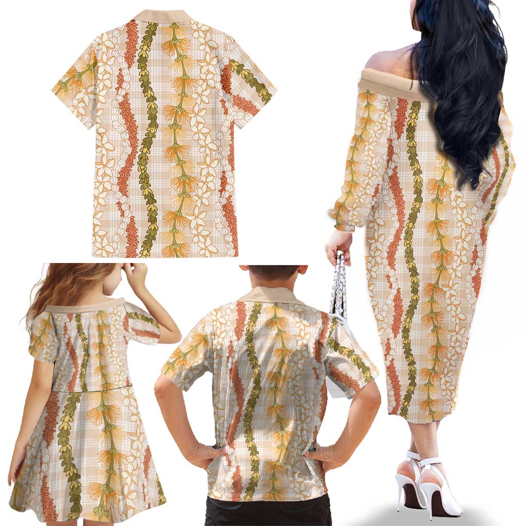 Hawaiian Ohia Lehua Lei Family Matching Off The Shoulder Long Sleeve Dress and Hawaiian Shirt Plaid Palaka Ahiehie Pattern LT9 - Polynesian Pride