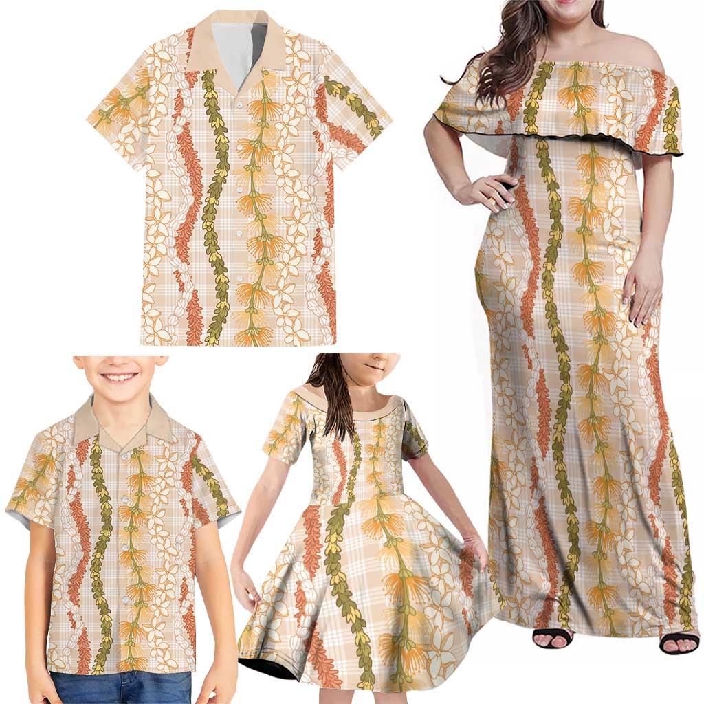 Hawaiian Ohia Lehua Lei Family Matching Off Shoulder Maxi Dress and Hawaiian Shirt Plaid Palaka Ahiehie Pattern LT9 - Polynesian Pride