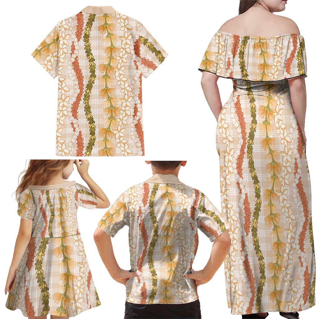 Hawaiian Ohia Lehua Lei Family Matching Off Shoulder Maxi Dress and Hawaiian Shirt Plaid Palaka Ahiehie Pattern LT9 - Polynesian Pride