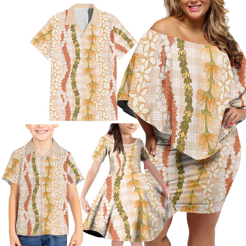 Hawaiian Ohia Lehua Lei Family Matching Off Shoulder Short Dress and Hawaiian Shirt Plaid Palaka Ahiehie Pattern - Polynesian Pride