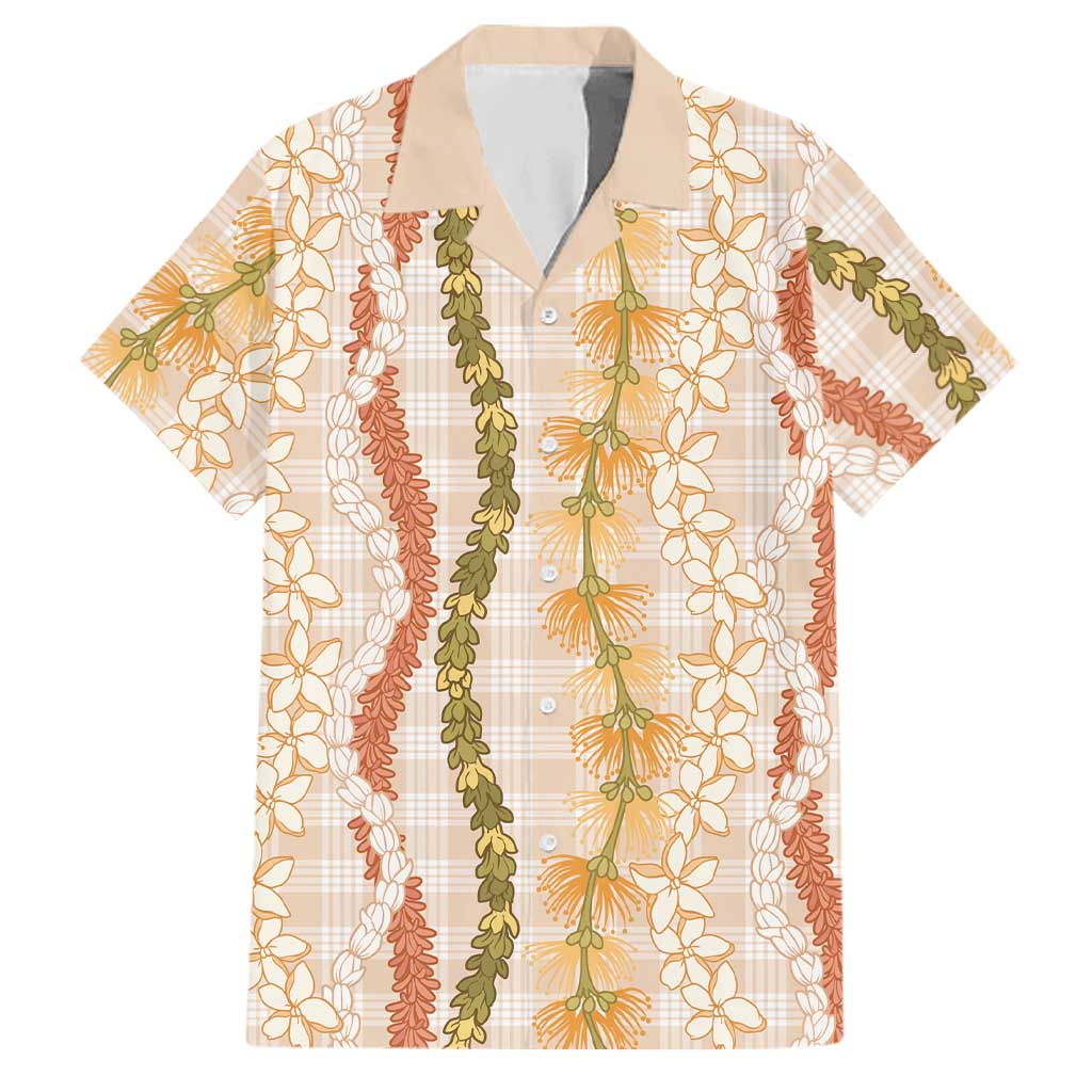 Hawaiian Ohia Lehua Lei Family Matching Off Shoulder Short Dress and Hawaiian Shirt Plaid Palaka Ahiehie Pattern LT9 Dad's Shirt - Short Sleeve Beige - Polynesian Pride