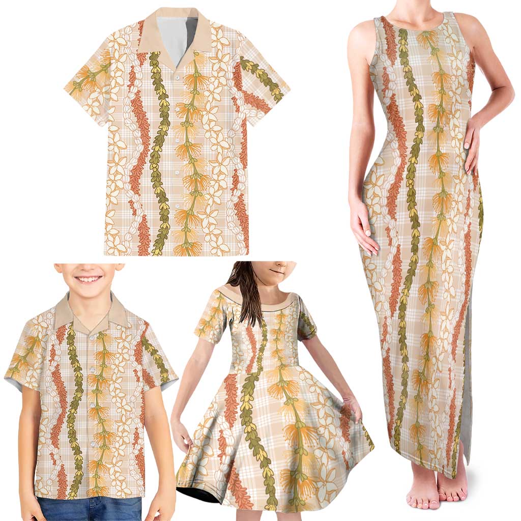 Hawaiian Ohia Lehua Lei Family Matching Tank Maxi Dress and Hawaiian Shirt Plaid Palaka Ahiehie Pattern - Polynesian Pride