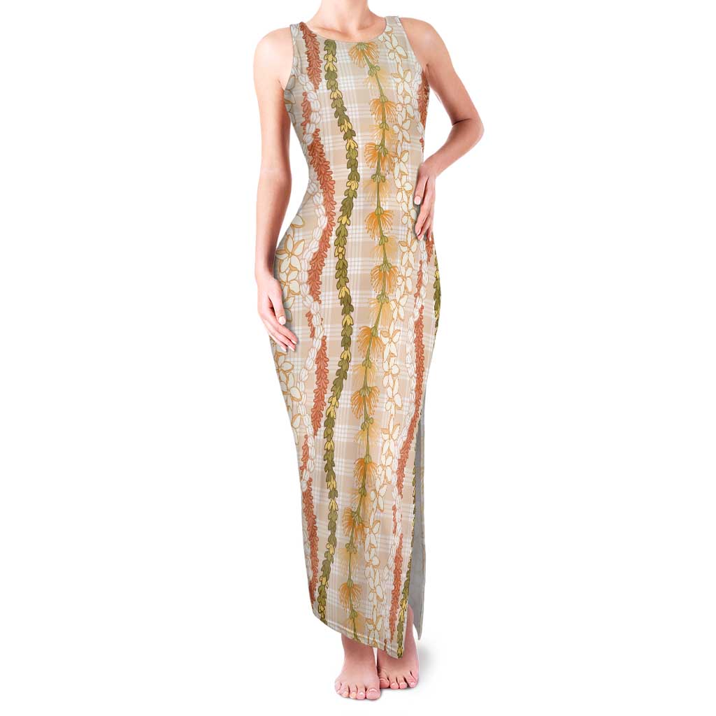 Hawaiian Ohia Lehua Lei Family Matching Tank Maxi Dress and Hawaiian Shirt Plaid Palaka Ahiehie Pattern LT9 Beige - Polynesian Pride