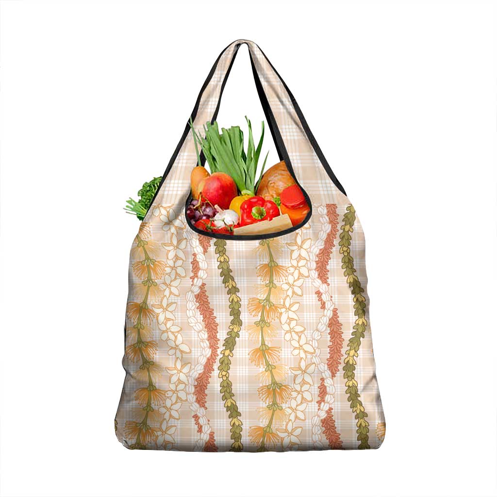 Hawaiian Ohia Lehua Lei Grocery Bag Plaid Palaka Ahiehie Pattern - Polynesian Pride