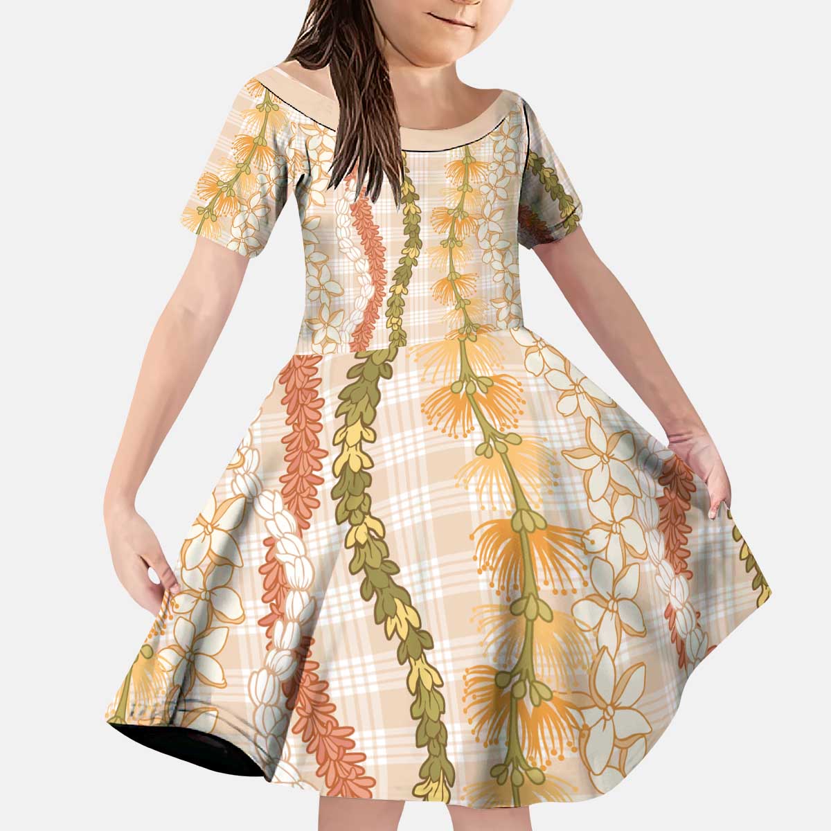 Hawaiian Ohia Lehua Lei Kid Short Sleeve Dress Plaid Palaka Ahiehie Pattern - Polynesian Pride