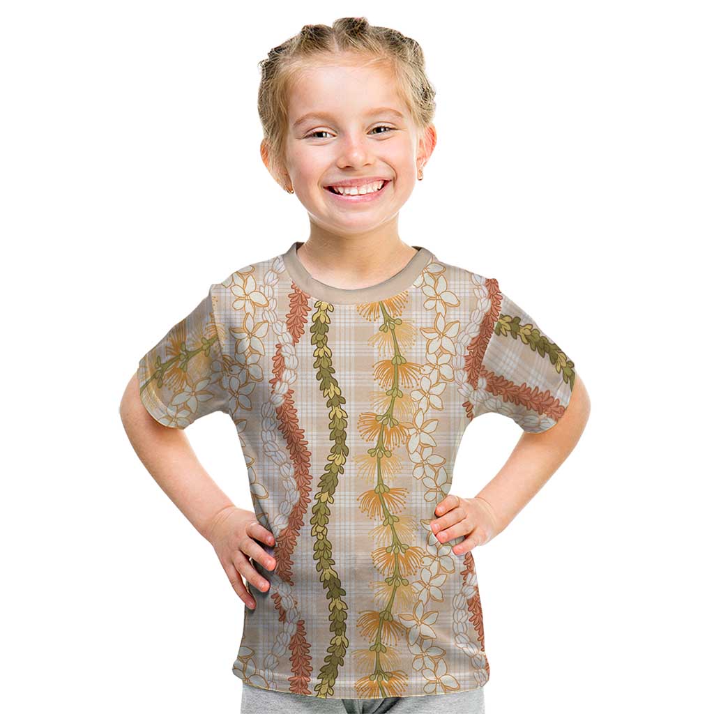 Hawaiian Ohia Lehua Lei Kid T Shirt Plaid Palaka Ahiehie Pattern LT9 Beige - Polynesian Pride