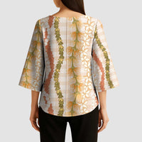 Hawaiian Ohia Lehua Lei Kimono Sleeve Blouse Plaid Palaka Ahiehie Pattern - Polynesian Pride