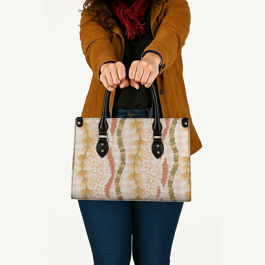 Hawaiian Ohia Lehua Lei Leather Bag Plaid Palaka Ahiehie Pattern - Polynesian Pride